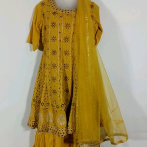 Mustard Yellow Embroidered Kurta Skirt Set(women)