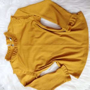 ribbed mustard crop top with ruffle detailing