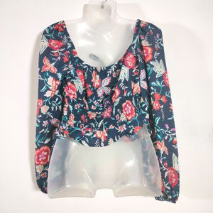 Navy Blue With Floral Print Tops (Women's)