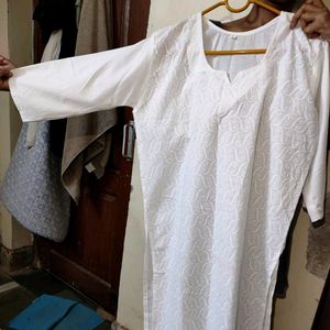 Straight White Chikankari Print Kurta