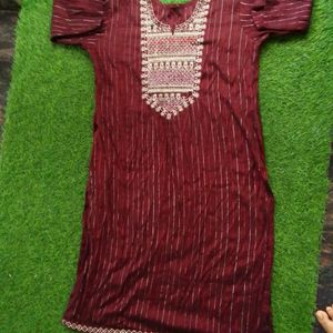 Coffee Brown Embroidered Work Kurti With Lines