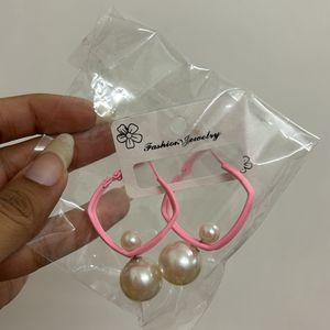 Baby Pink Earrings With Pearl Drop