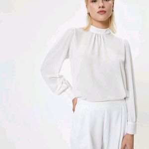 New Korean High Neck Off White Top