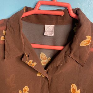 Brown Floral Print Sheer Shirt