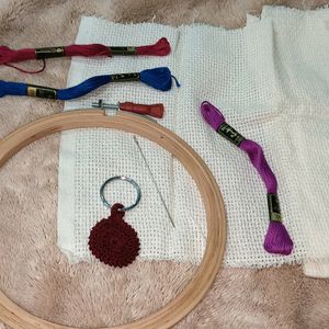 Crochet Set - Threads, Needle, Cloth & Wooden Hoop