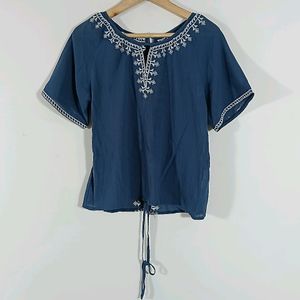 Navy Blue Embroidered Casual Top (Women)
