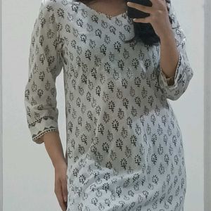 White Block Printed Straight Kurta