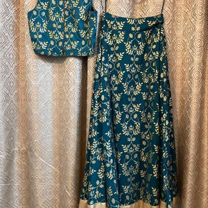 Teal and Gold Floral Print Two-Piece Dress