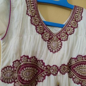 Cream Pink Net Ethnic Gown