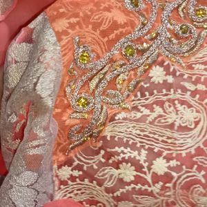 Coral Net And Satin Kurta Pyjama Set With Dupatta