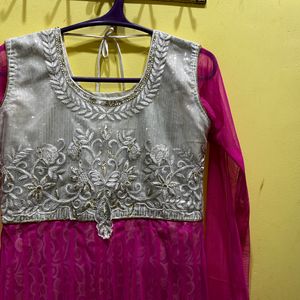 Pink And White Long Kurta Set Size M