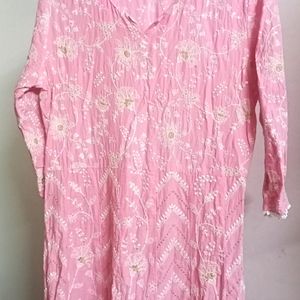 White-Gold Embroidery Pink Anakarkli Cotton Kurta