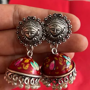 Hand Painted Red Meenakari Jhumka