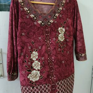 Stylish Wine Colour Embroidery Top For L Size