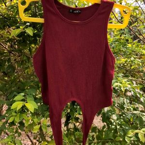 Cute Ribbed Maroon Sleeveless Crop Top