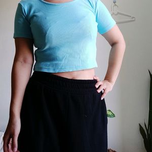 Ribbed Solid Blue Crop Top