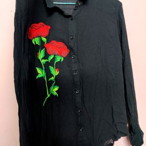 Black Full Sleeves Shirt With Rose Applique