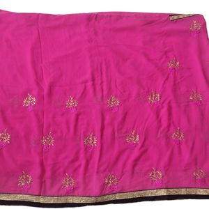 Heavy Embroidery Pink Saree With Velvet Border