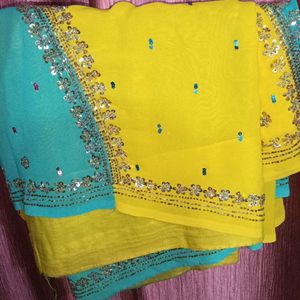 Lime Green Heavy Saree Along Stiched Blouse