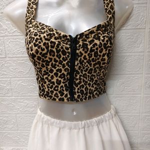 Zipper Corset Crop Top with Cheetah Print