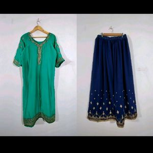 Sea Green And Navy Blue Kurta Set (Women's)