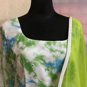 White Tie dye anarkali with dupatta