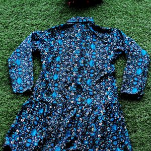 Blue Floral Printed Collared High-low Flared Tunic