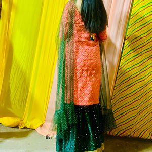 Heavy Peach Kurta With Green Ghrara&Ruffle Dupatta