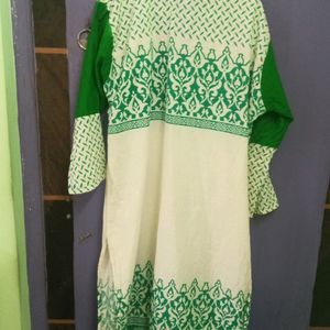 Pure Cotton White Green Kurta