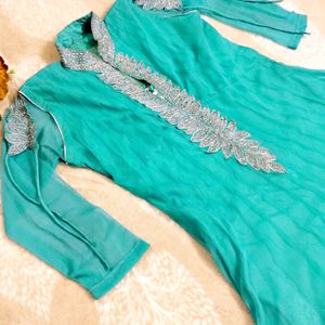 Heavy Sea Green Net Kurta Set with Sequins Work