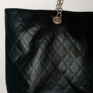 Black Chain Leather Tote Bag.