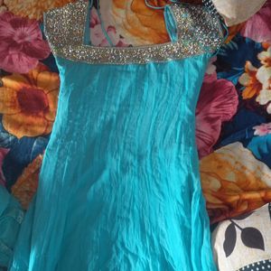 A heavy Neck Work Blue Kurta With Beautiful Dupatt