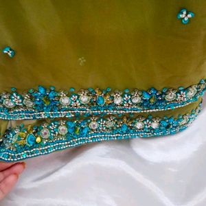 Olive Green Saree With Blue Zari Work On