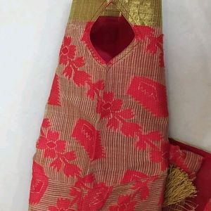 Red Saree With Desginer Blouse