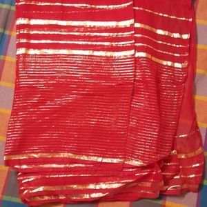 Red N Gold Zari Lines Saree