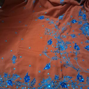 NEW Orange Saree With Blue Work