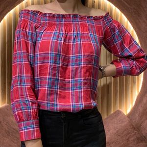 Off shoulder Red Check Shirt Top