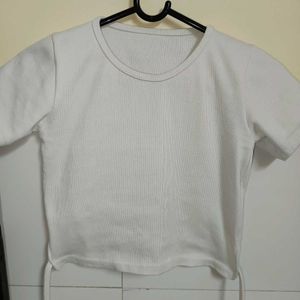 White Ribbed Back Tie Top