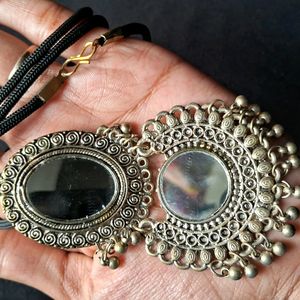 Tribal Mirror Necklace And diamond Earrings