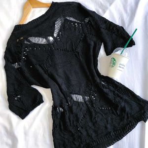 Y2k Crochet Distressed Black Oversized Top