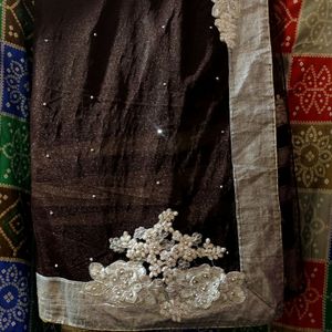 Chocolate Brown Saree With Silver Embroidery