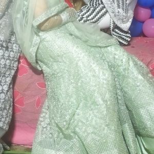 Pista Colour Heavy Worked Gown N Dupatta