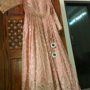 Pastel Peach Sequinn Embroidery Evening Gown