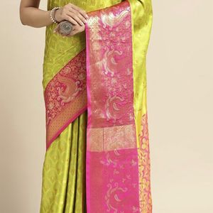 Lime Green And Pink Mysore Silk Saree