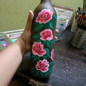 Handpainted Floral Art On Glass Bottle/ Vase