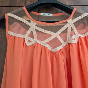 Cute Coral Top With Net Self Design Neck