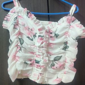 XS Size Cute White Top With Flower Print