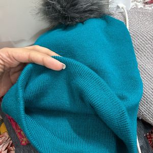 Beautiful Green Beanie With Fluffy Grey Tip