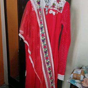 XL Size Hot Red Frock With Scarf