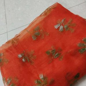 Orange, Designer, Tissue Dupatta